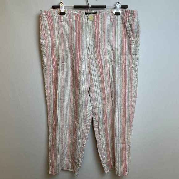 Eddie Bauer Womens 100% Linen Cropped Pants Size 16 Striped Pink High Rise - Picture 1 of 7